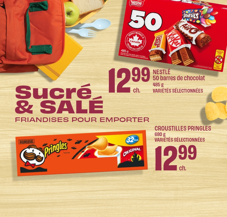 Sucré & Salé Friandises pour emporter - Nestlé 50 Barres de chocolat 485 g Variétés sélectionnées - Croustilles Pringles 680 g Variétés sélectionnées