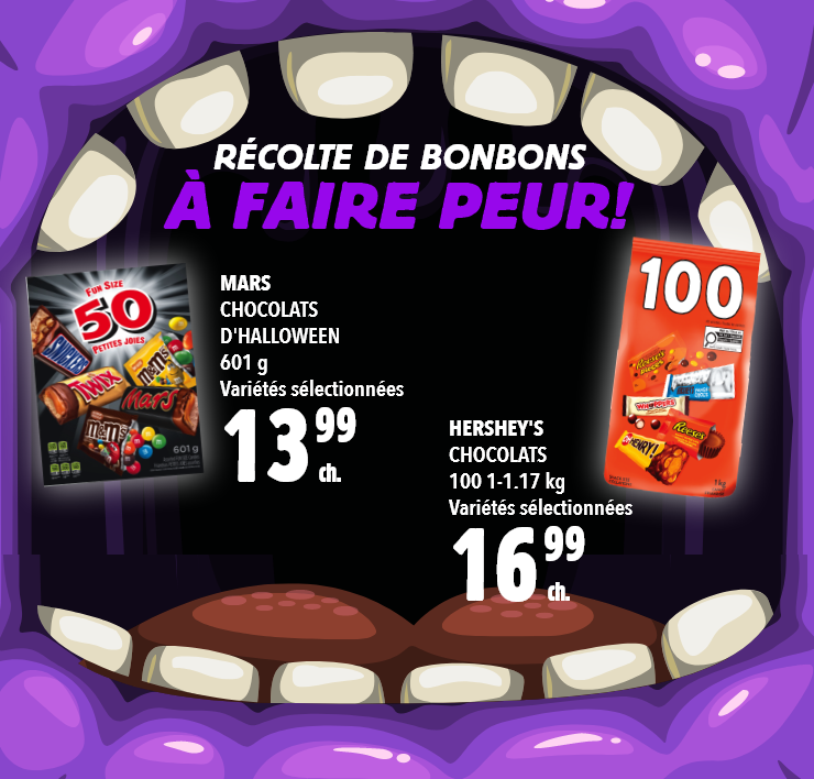 RÉCOLTE DE BONBONS À FAIRE PEUR ! MARS CHOCOLATS D’HALLOWEEN, 601 g Variétés sélectionnées - HERSHEY’S CHOCOLATS, 100’s 1-1,17 kg Variétés sélectionnées