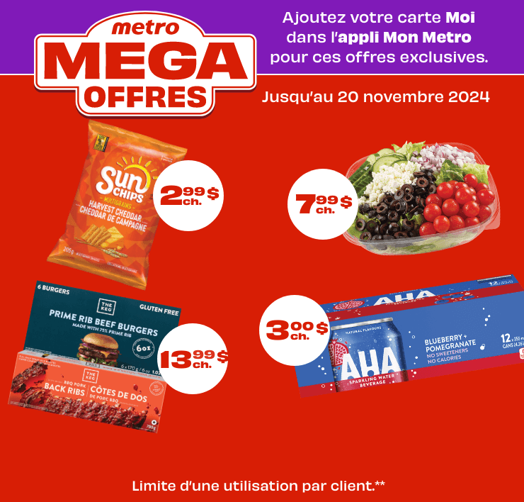 metro MEGA OFFRES. Ajoutez votre carte Moi dans l'appli Mon Metro pour ces offres exclusives.