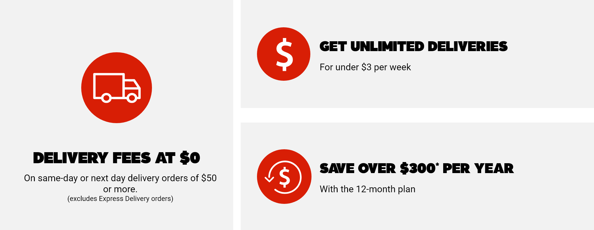 Delivery fees at $0 - On same-day or next day orders of $50 or more. (excludes Express delivery orders) - 1: Get unlimited deliveries for under $3 per week - 2: Save over $300 per year* with the 12-month plan