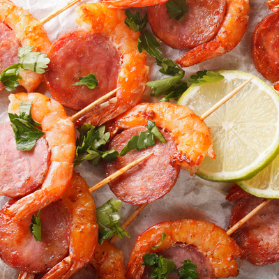 Cuban style shrimp and chorizo skewers