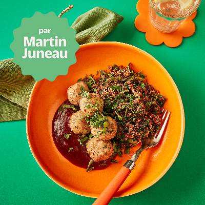 Chia and flaxseed meatballs, sweet and sour cranberry sauce and quinoa with fresh herbs