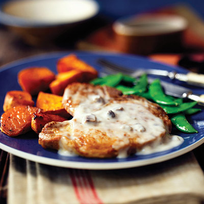 2 Step Mushroom Pork Chops with Sweet Potatoes