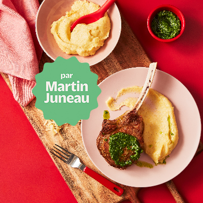 Seared veal chops, Italian parsley pesto, creamy Gouda polenta