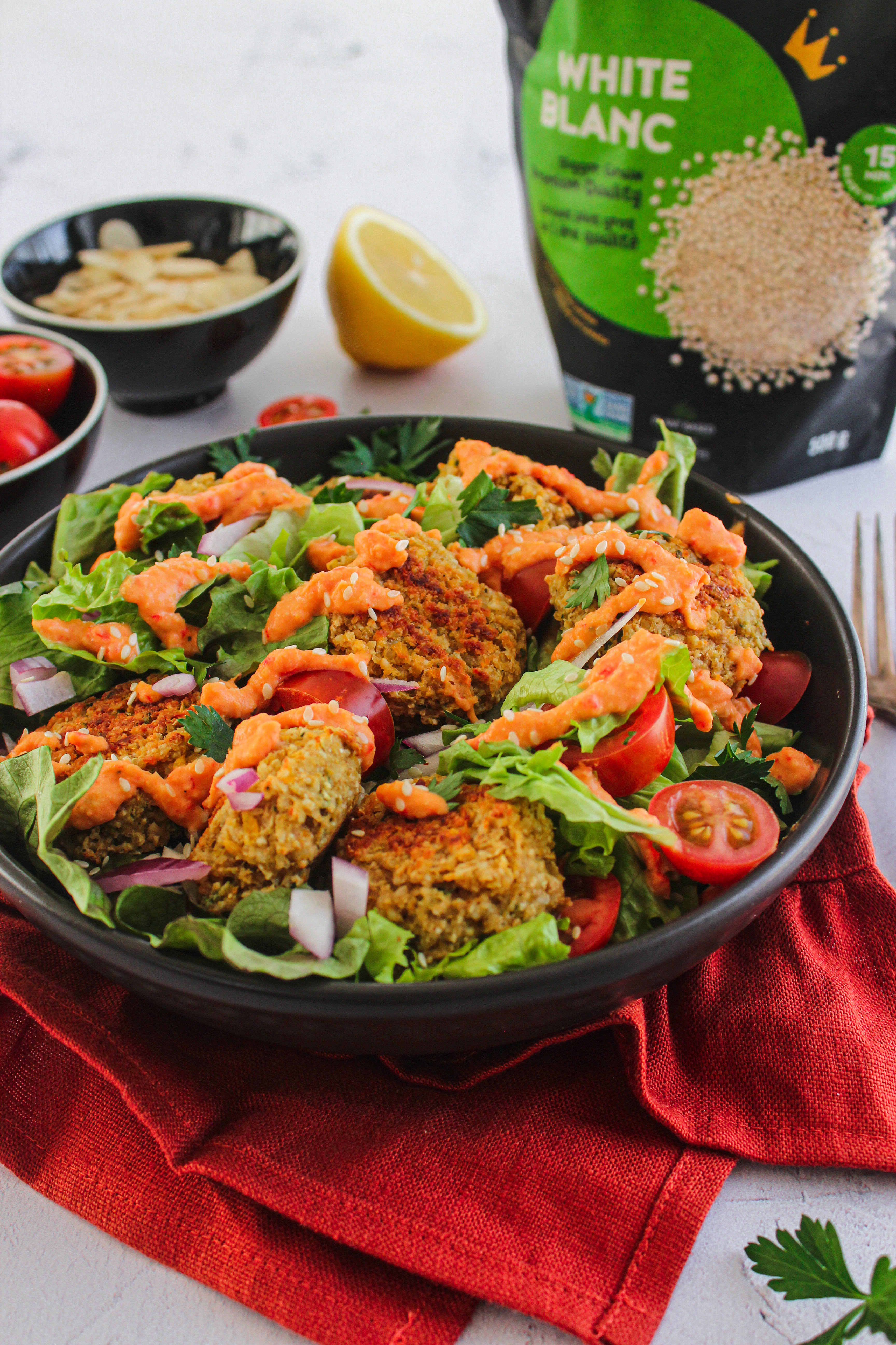 Quinoa and Corn Falafels with Roasted Red Pepper Hummus