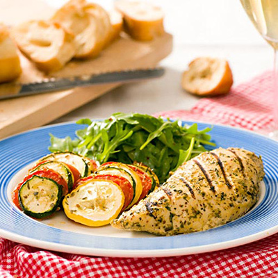 Dijon Chicken Breasts with Vegetable Tian and Salad with Raspberry Vinaigrette