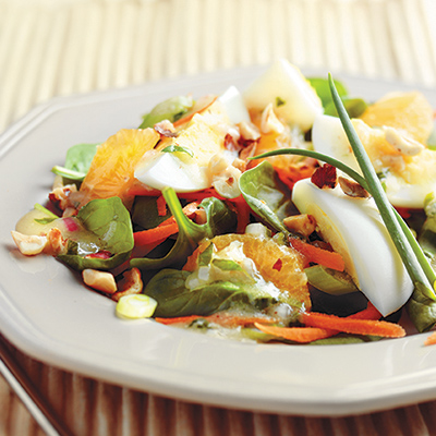 Spinach Salad with Hard-boiled Eggs and Mandarins, and Pear Nectar Dressing