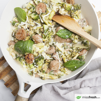 Toulouse Sausages with Old-Style Mustard 
Spinach and Cheesy Broccoli